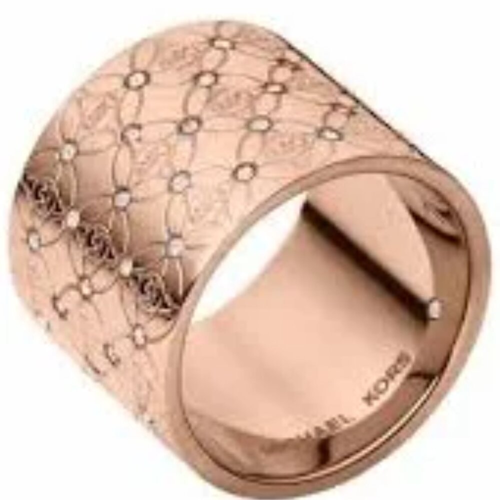 MICHAEL KORS Heritage Monogram Pave Crystal Rose Gold Tone Barrel Ring  7 NWT